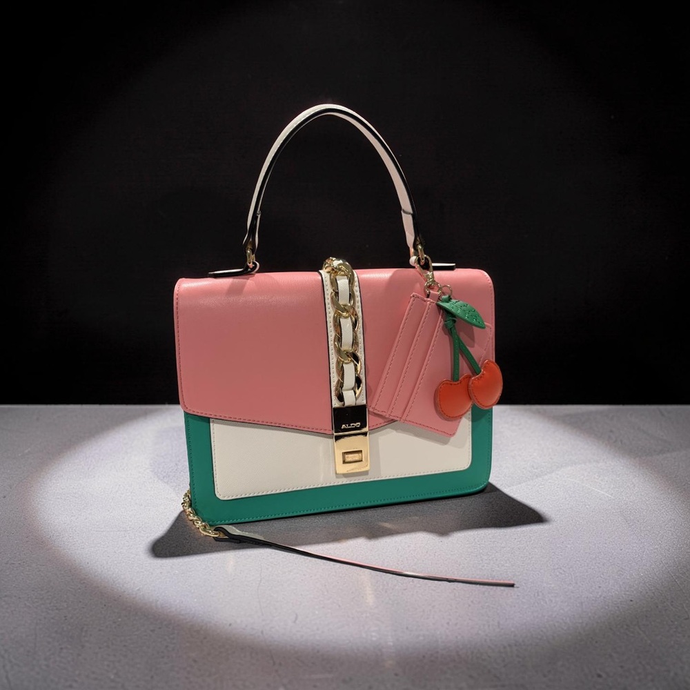 Aldo Colorblock Pink, Cream & Green Top-Handle Satchel with Cherry Charm